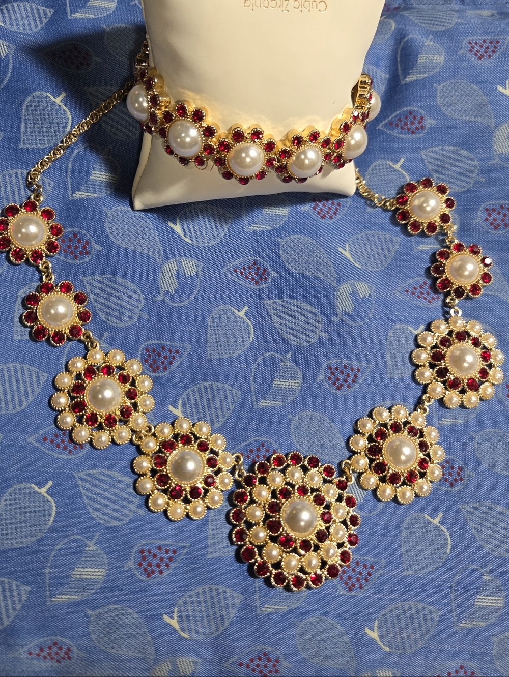 Vintage Monet red Stones and pearl floral necklace and matching bracelet